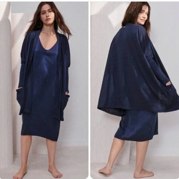Lunya Linen Knit Cardigan Deep Blue Pockets One Size Open Front Sweater Robe - Picture 1 of 10